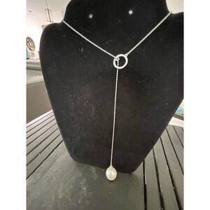 INC International Concepts Silver Tone Pearl Lariat Necklace Pave Circle Crystal